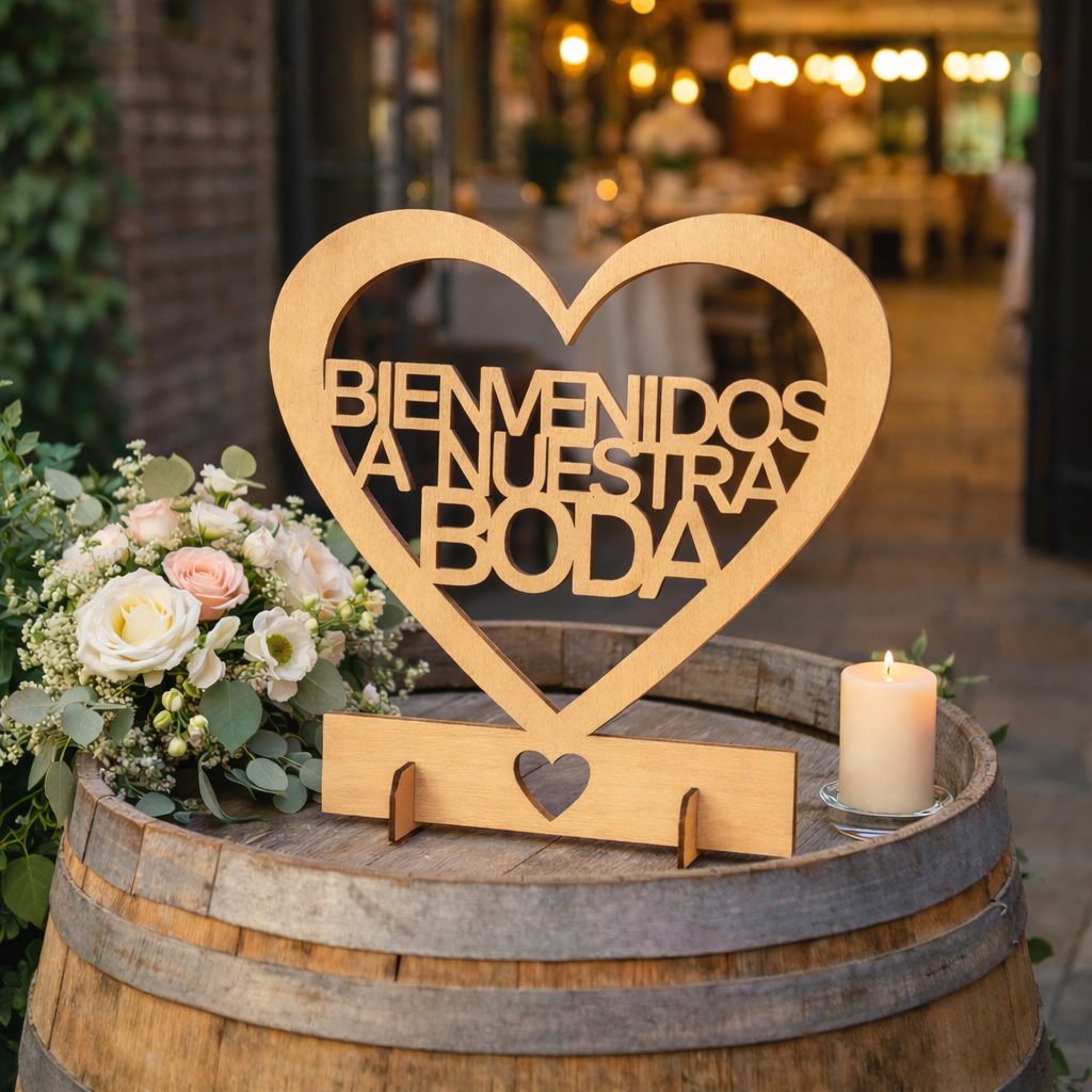 cartel-madera-bienvenidos-boda.jpg Cartel Madera Bienvenidos Boda 22x22 cm - Imagen 1