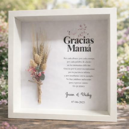 Cuadro personalizado con flores preservadas y frase para regalo
