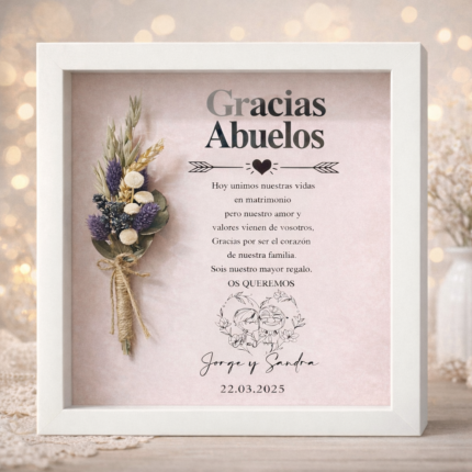 Cuadro personalizado con flores preservadas y frase para regalo