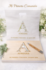 Libro de Firmas de Comunión Personalizado  en Madera – Con Inicial Calada y Bolígrafo Grabado