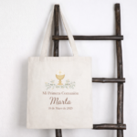Bolsa de algodón personalizada para Primera Comunión en color natural con nombre y fecha