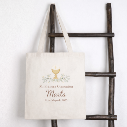 Bolsa de algodón personalizada para Primera Comunión en color natural con nombre y fecha
